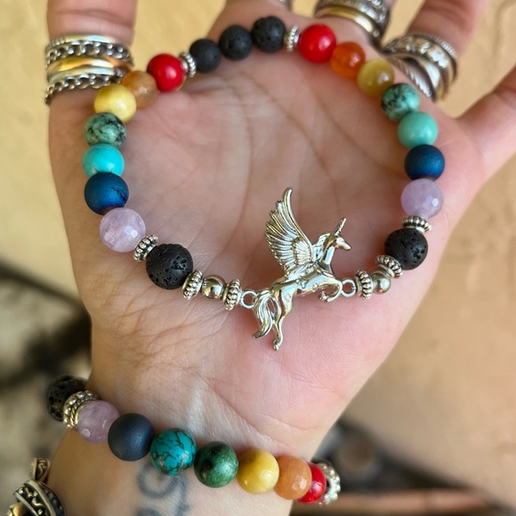 Rainbow unicorn bead bracelet . Boho gemstones pride silver beaded stones - Picture 3 of 7